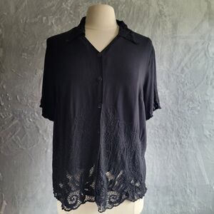 Vintage Black Button Down Blouse Size 18/20 2X Embroidered Beaded Floral Boho